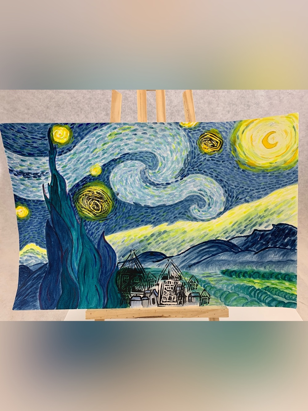 Swirling Starry Night Inspired Canvas Art - Blue & Yellow